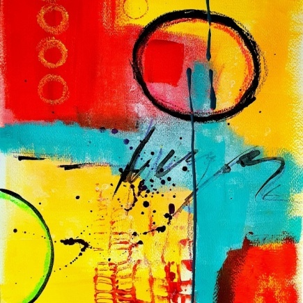 line meets circle 3 von 3 abstrakten Bildern in gelb rot türkis gemalt von Veronika Hieronymus in acryl