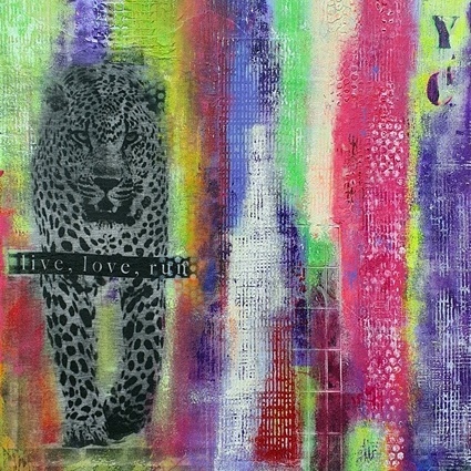 live love run Bild in mixed media mit leopard in new york city in lila lind pink helgrün mit struktur collage von veronika hieronymus