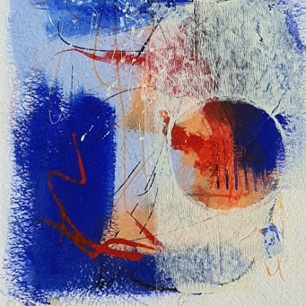 abstraktes Bild mit blauen Flächen und sandfarbenen strukturen 1 von 3 von Veronika Hieronymus in acryl