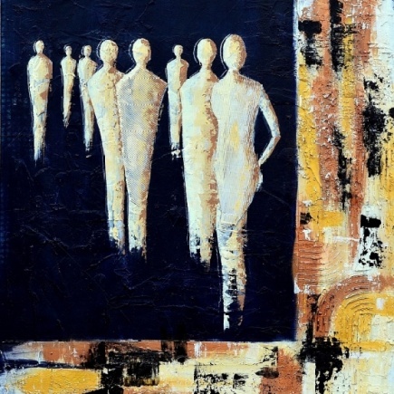 Abstraktes Bild mit Struktur Personengruppe indigo sand elfenbein bronze lichter ocker von Veronika Hieronymus