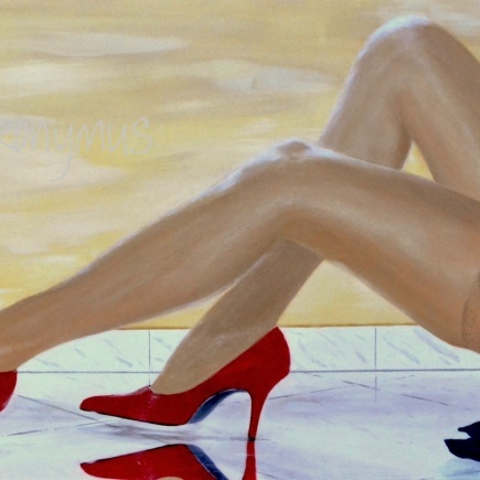 Bild in Acryl gemalt von Veronika Hieronymus Frau liegend Beine mit roten Schuhen blaues Kleid Künstlerin aus Bestensee