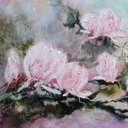 Magnolien gemalt auf 140 x 70 Canvas in Acryl Mixed Media von Veronika Hieronymus