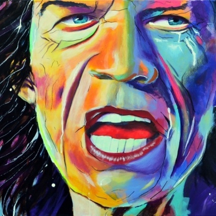 Mick Jagger Frontmann der Rolling Stones gemalt in Acryl Format 120 x 60 Porträt in Pop Art Stil in Acryl gemalt von Veronka Hieronymus Künstlerin aus Bestensee